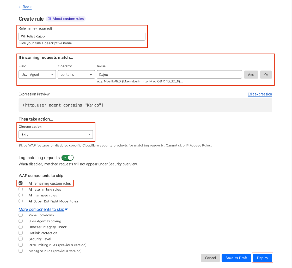 A screenshot captured from Cloudflare to display the WAF rule configuration to whitelist Kajoo