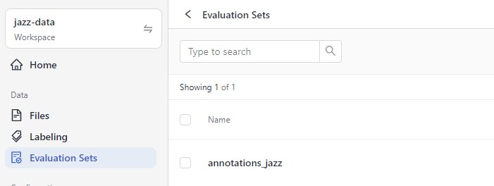 A screenshot of the Evaluation Sets page with the annotations_jaz eval set uploaded and displayed