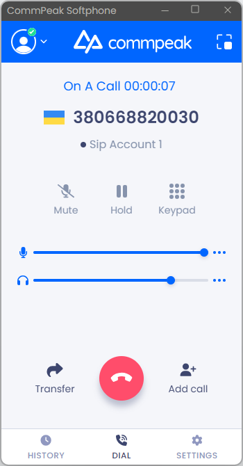 Screenshot of the active call in the full mode