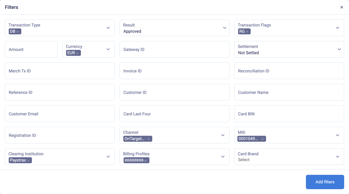 Enter data to filter the transactions list 