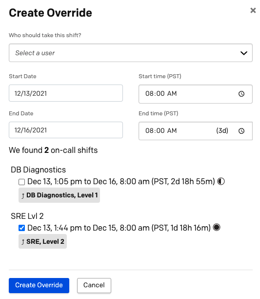 A screenshot of the PagerDuty web app showing the details of the Create Override modal