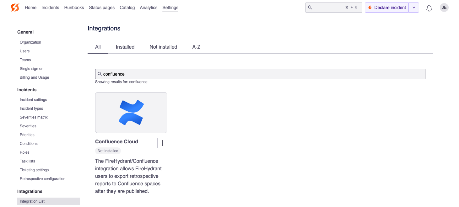 Confluence tile on the integrations page