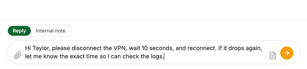 The VPN snippet inserted into the reply box with the client's first name filled in