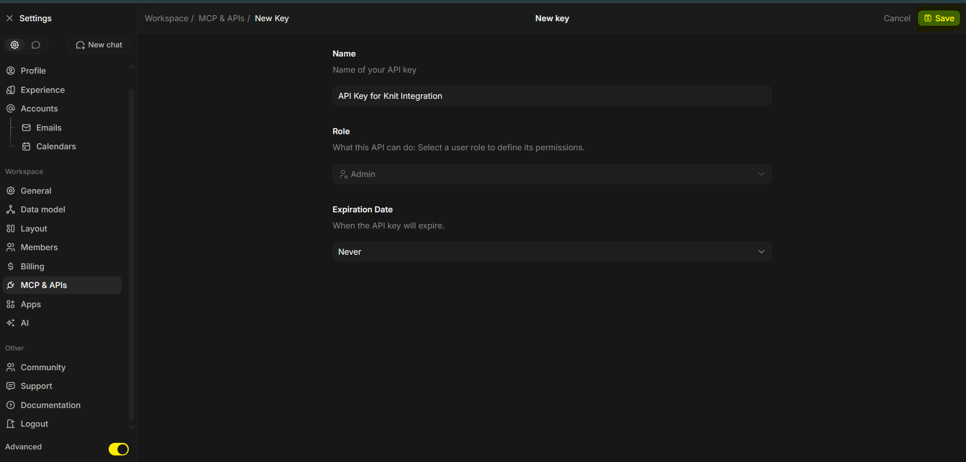 API Key creation screen