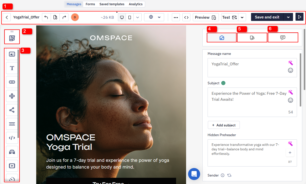 Email editor interface with the management panel (1), structures icon (2), block icons (3), and the Message Settings (4), General Styles (5), and Comments (6) tabs marked