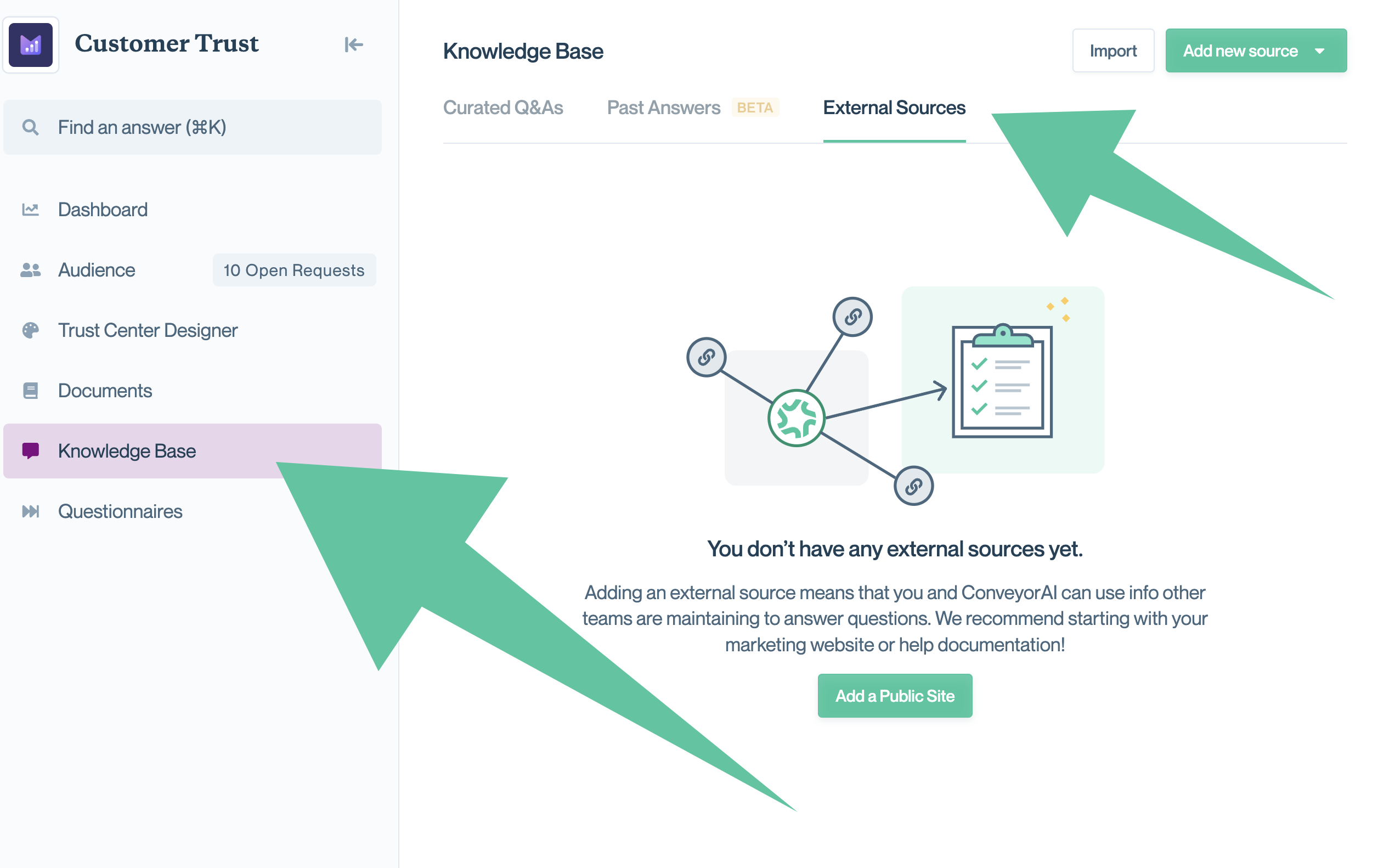 Navigate to "Knowledge Base," then "External Sources" to find your External Sources.