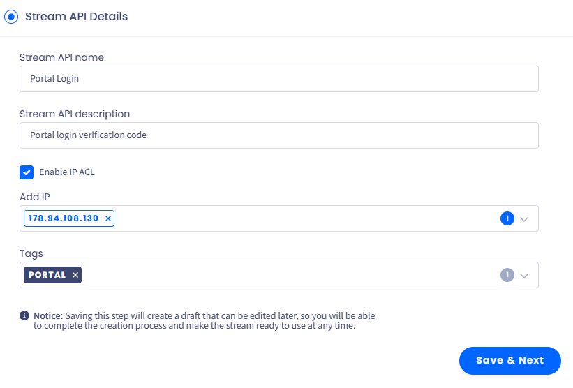 Screenshot of the Stream API Details section