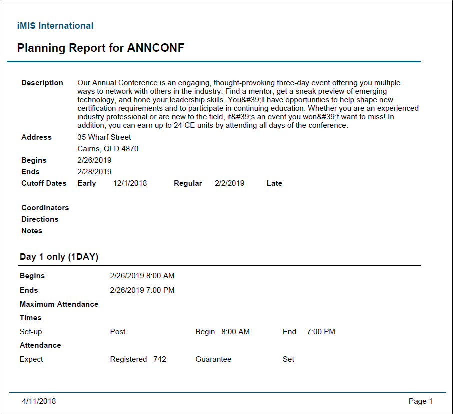 Viewingthe Event Planning report example 1