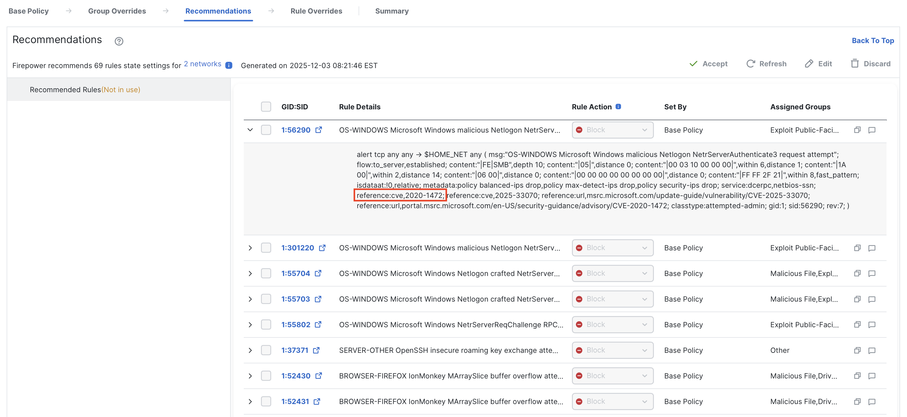 In this recommended rule example, a newly-enabled intrusion rule provides coverage against **CVE-2020-1472**.