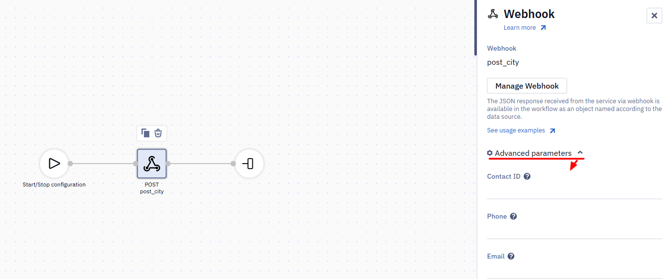 Workflow canvas with a Webhook block's settings panel open, showing the Manage Webhook button and the Advanced parameters link highlighted