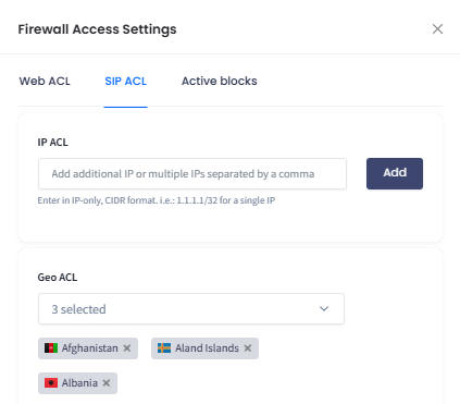Screenshot of the SIP ACL tab
