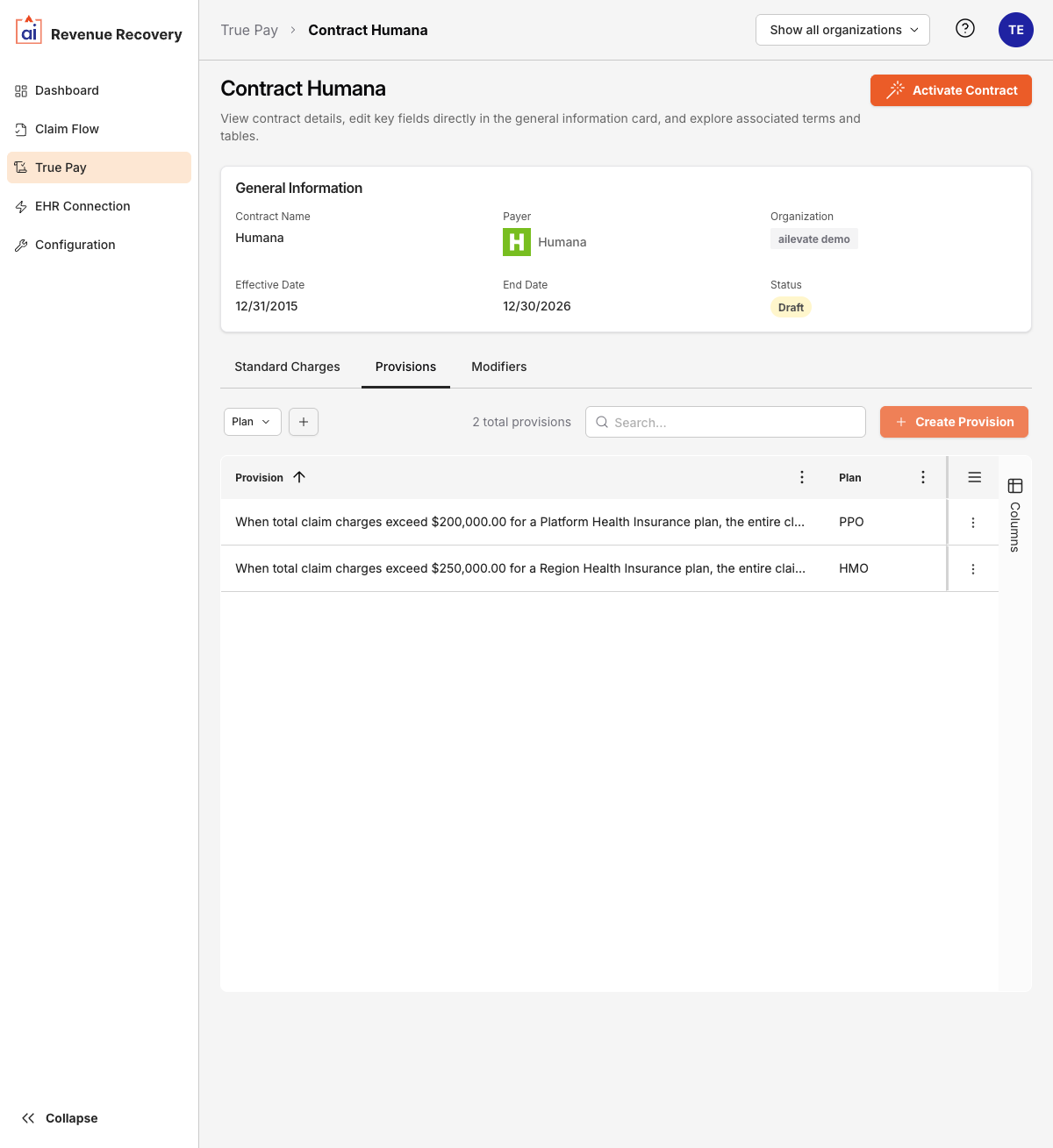 Provisions tab showing two example provisions with their associated plan types