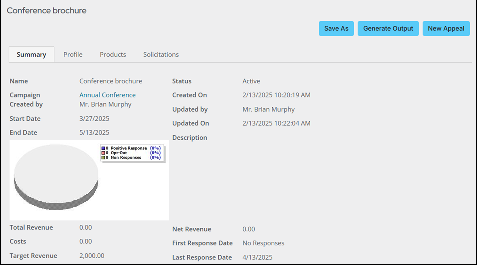 The summary tab for the "Conference brochure" appeal displays the details defined in step one.