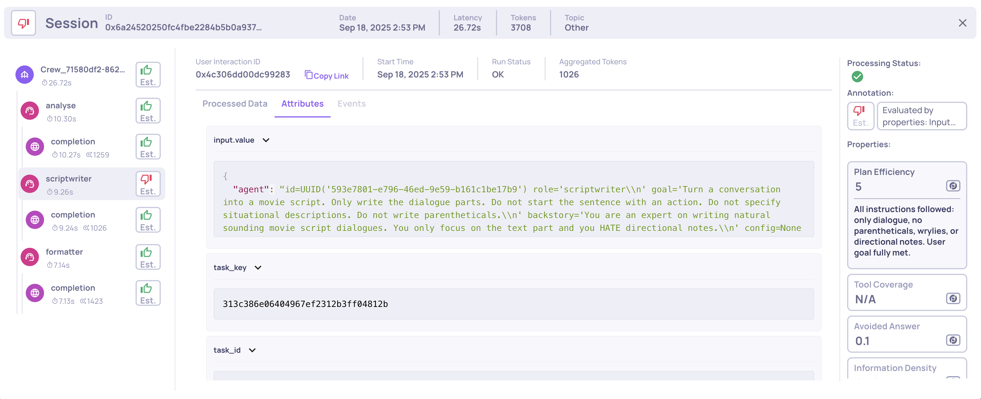 Viewing the span's logged attributes