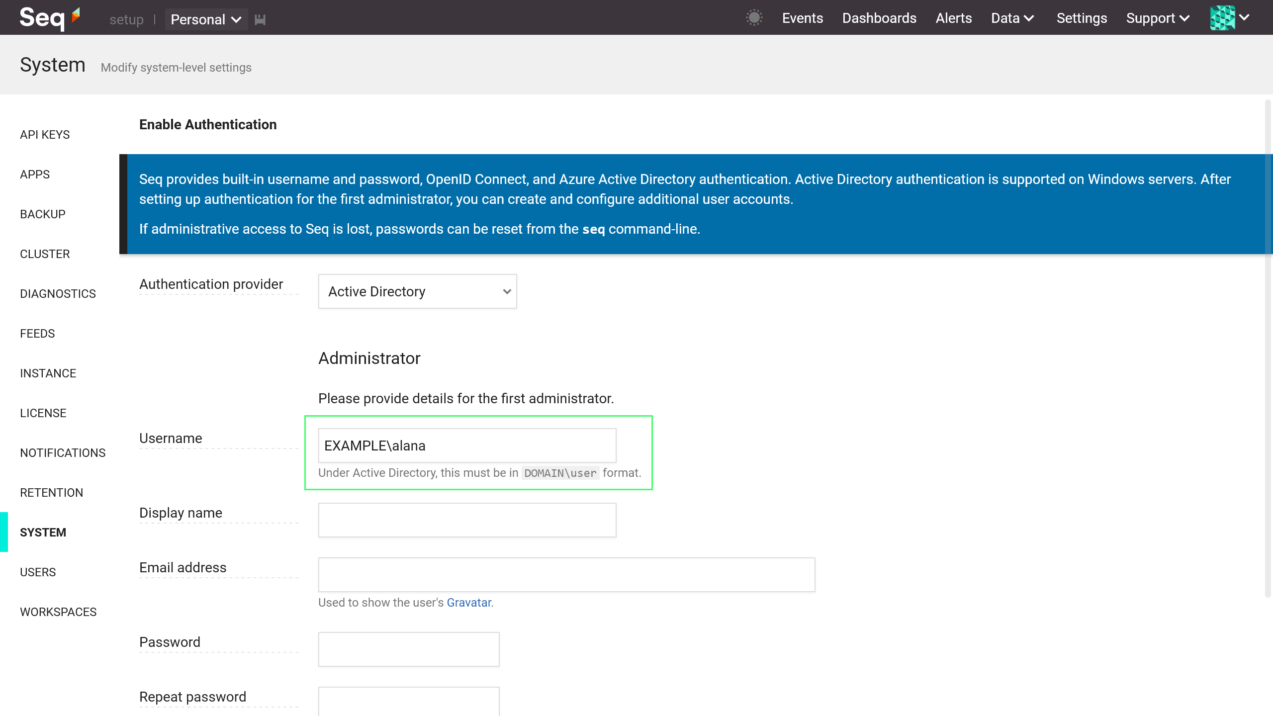 Enabling Active Directory authentication on a new Seq instance.