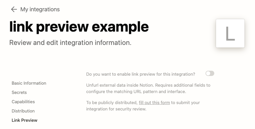 Link Preview tab in the Notion integrations dashboard.