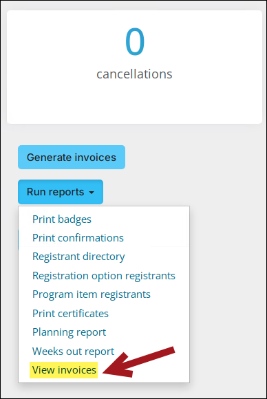 From the event dashboard run reports drop-down, click view invoices.