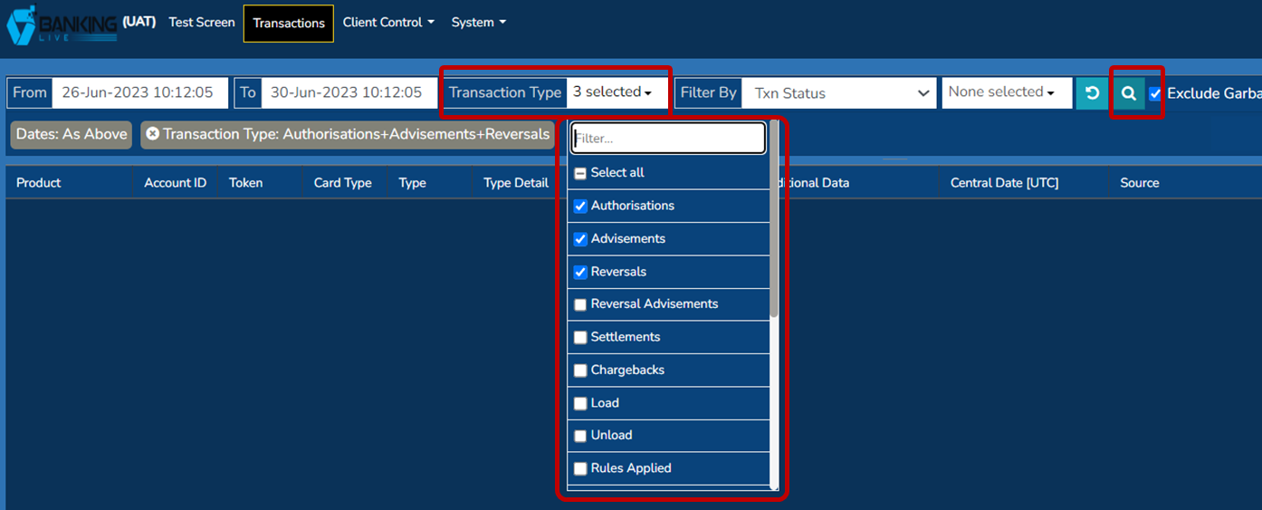 Transaction screen: Transaction type parameters and search button