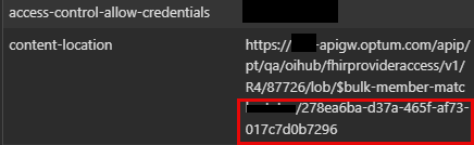 Copy "Content location" value highlighted above from ** Bulk Data Request API**response header to pass as input path param to **Member Job Status API**