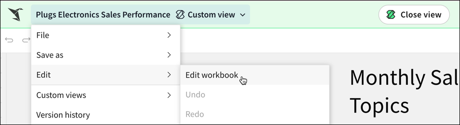 Screenshot showing the document menu open with Edit > Edit workbook selected.