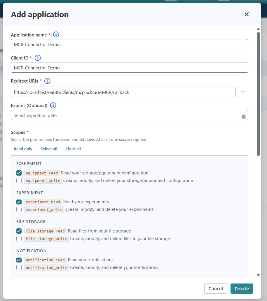 SciSure Research Add application dialog with application name, client ID, redirect URI and read-only scopes