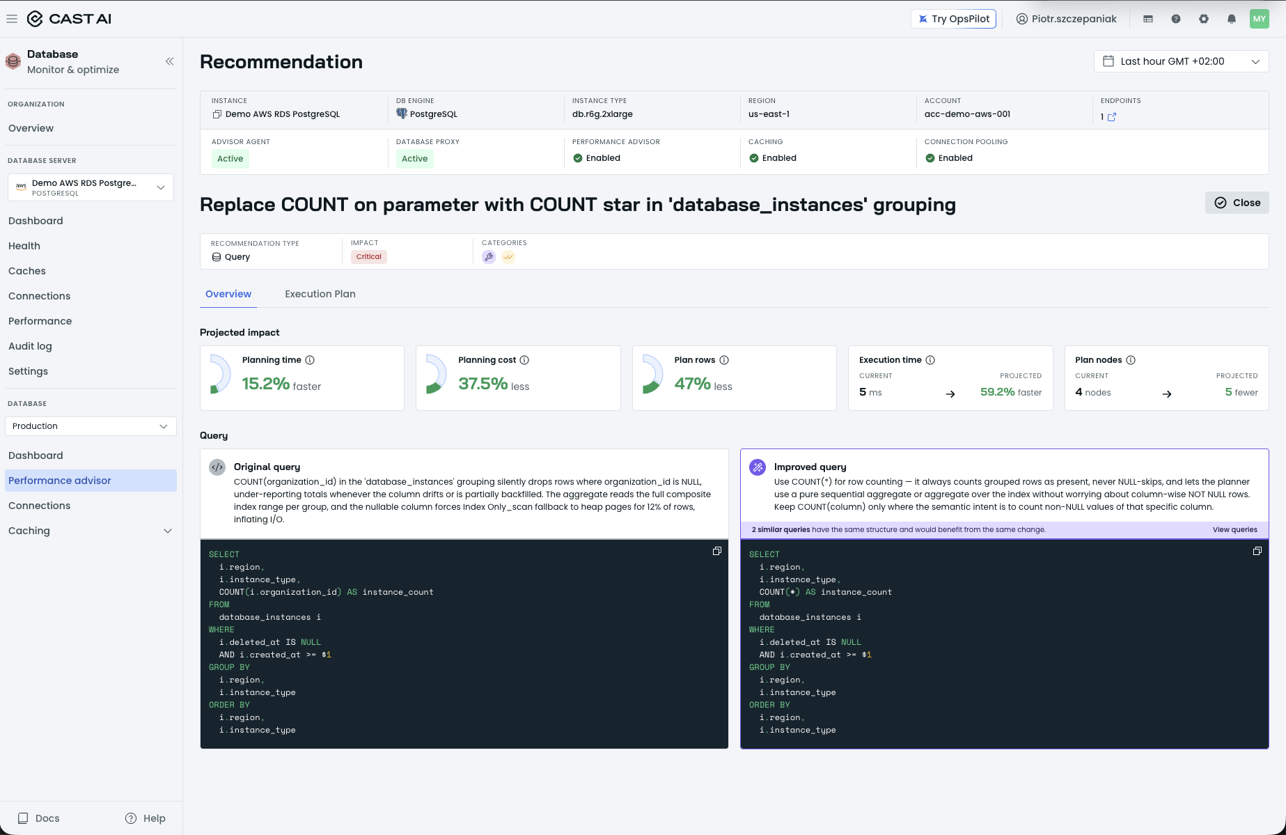 Query recommendation detail page with the Projected impact metrics and the Original query and Improved query panels