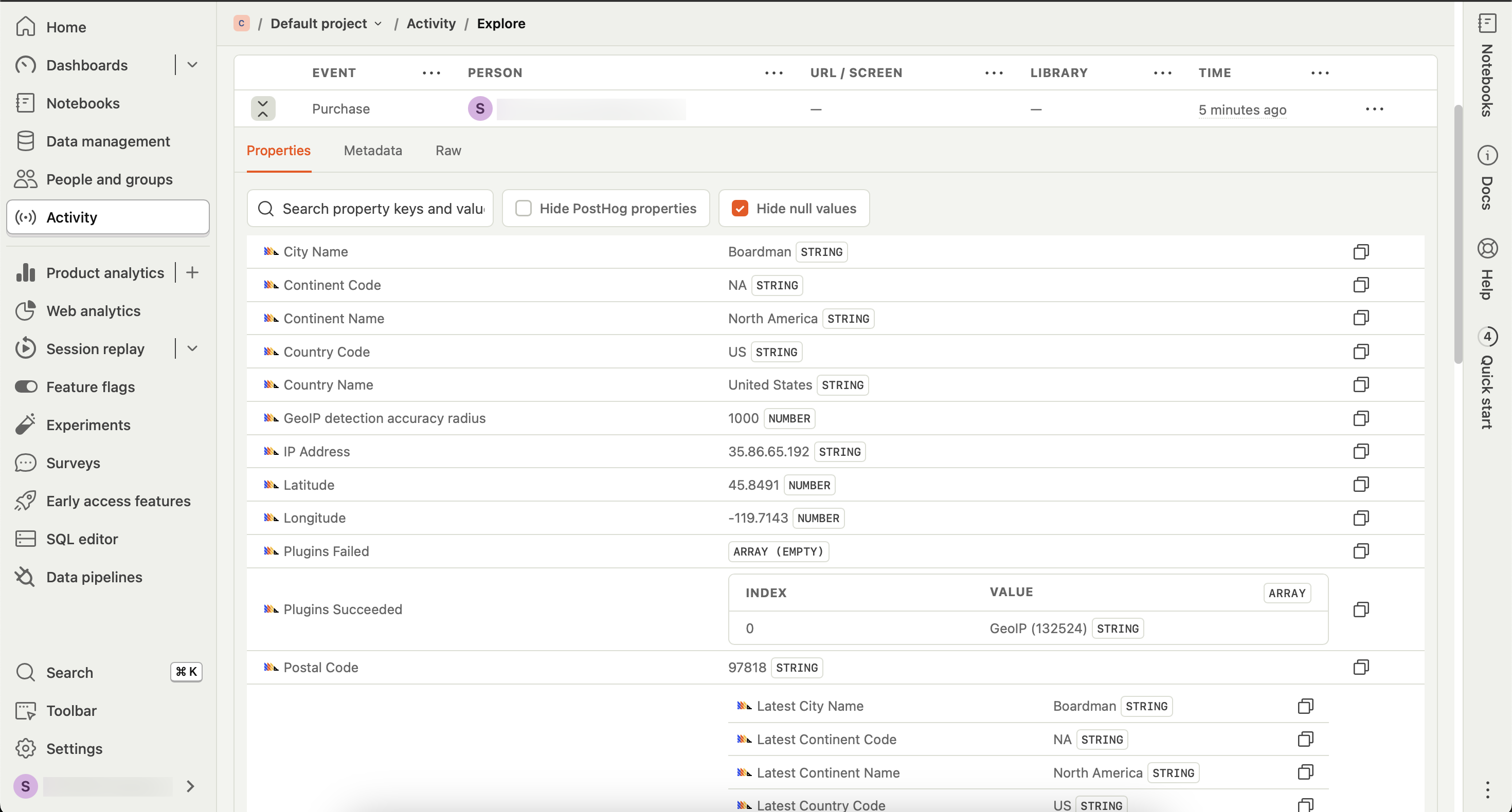 PostHog dashboard