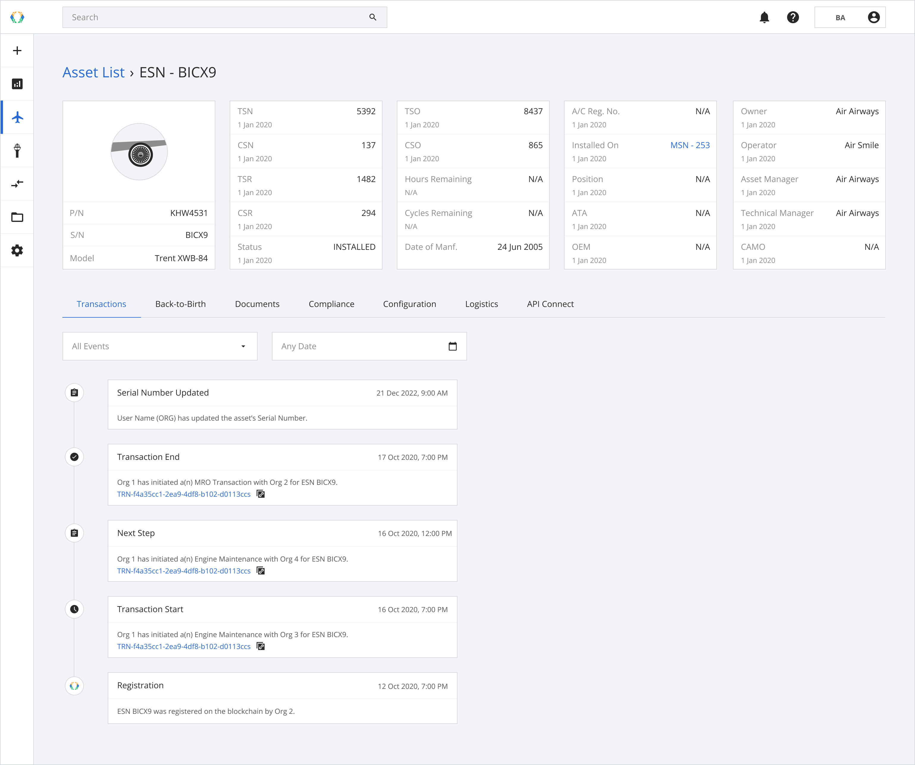 Asset profile transaction history