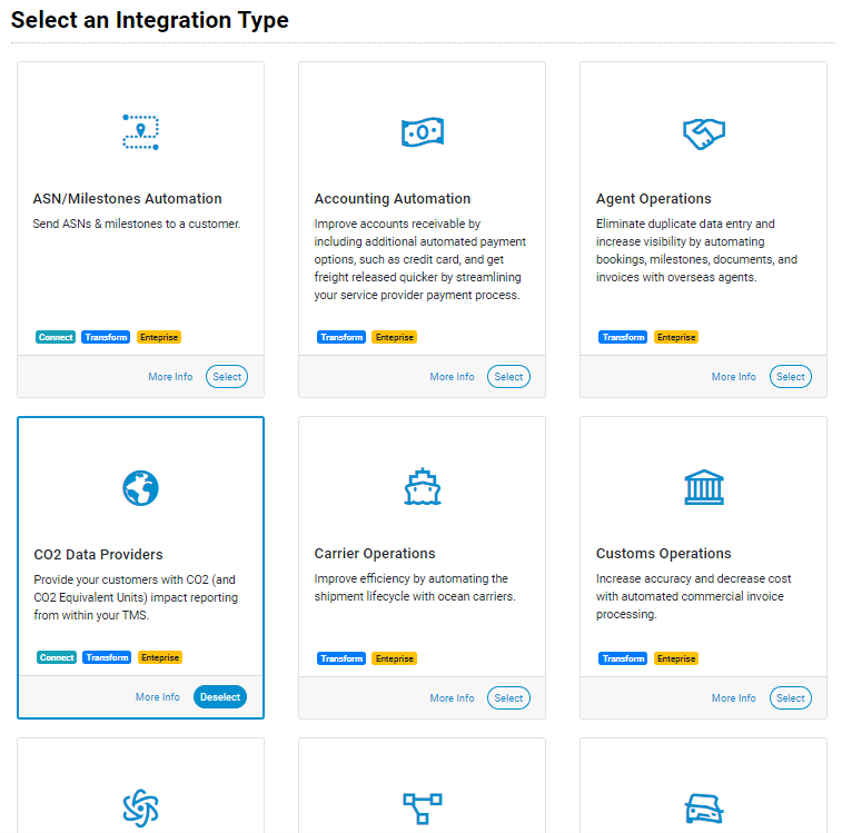 The "Select Integration Type" section of the Chain.io application