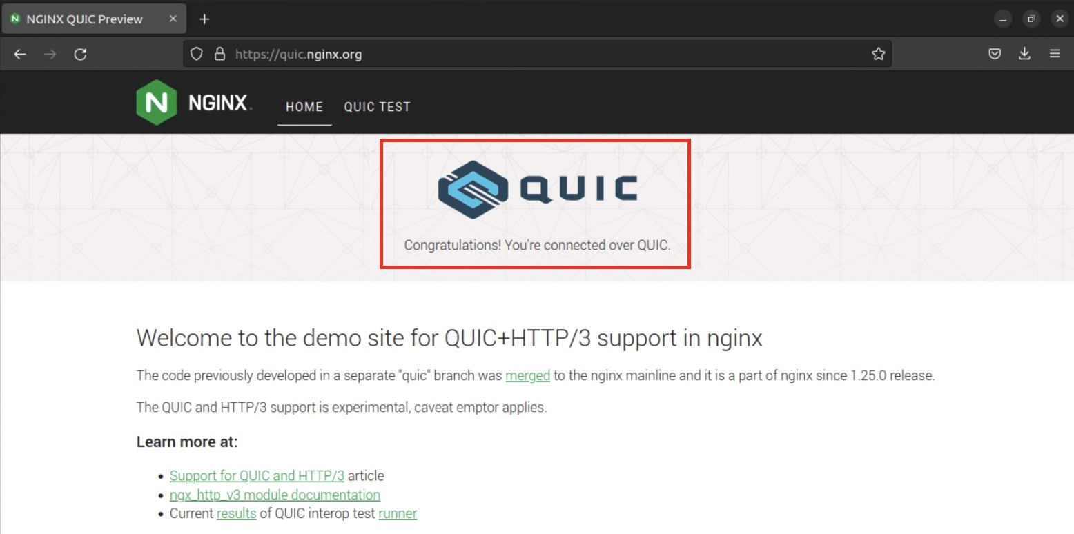 QUIC Test Site prominently displays whether or not QUIC is used.