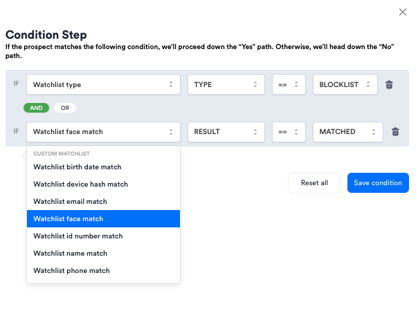 Creating a condition when user is found in the watchlist by their facial template