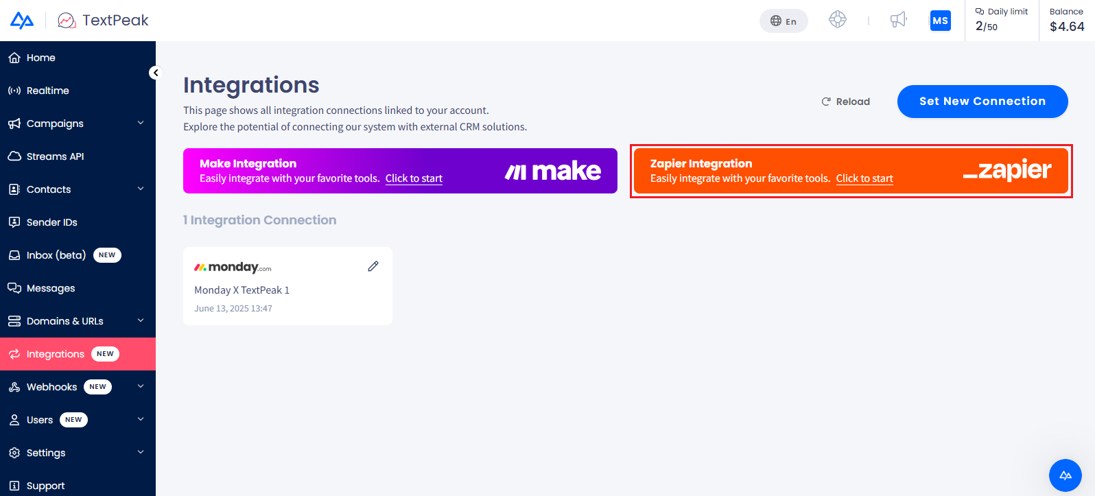 Screenshot of the Zapier Integration option