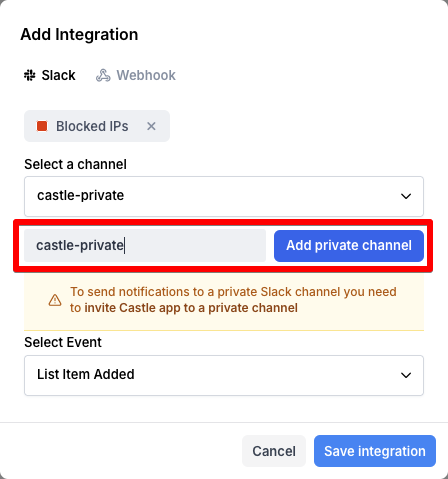 Typing private channel name for Slack integration