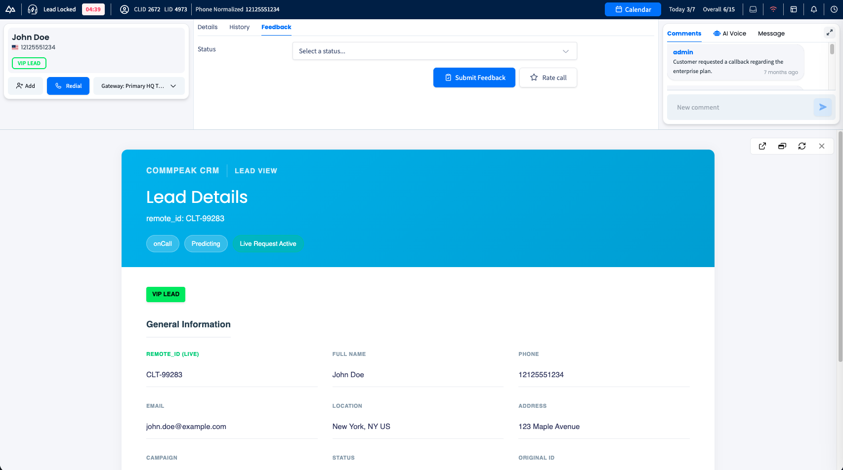 Screenshot of the Feedback page