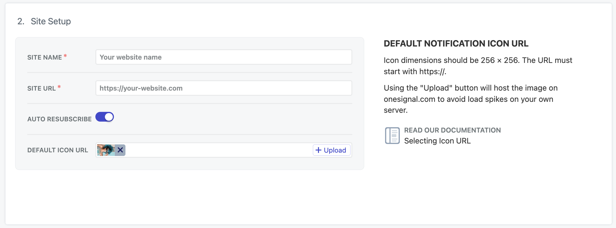 Image shows the Site Setup section of your web push settings. This is where you configure your website name, site URL, and default icon.