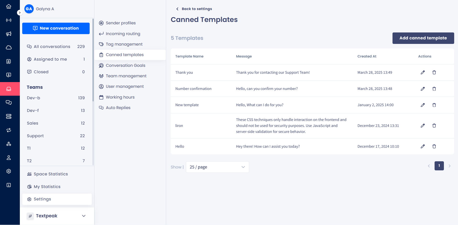 A screenshot of the Inbox > Settings > Canned Templates page