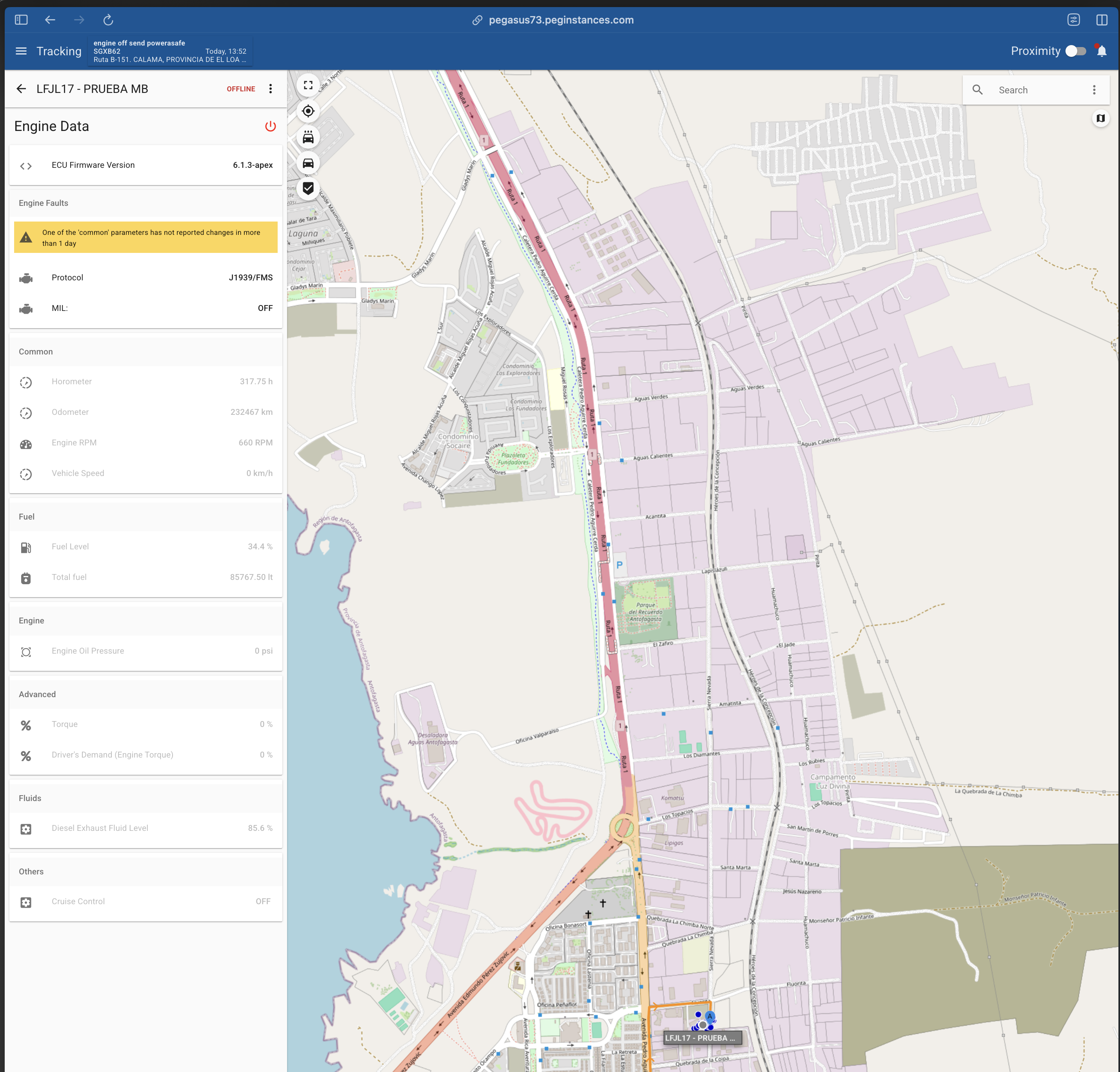 The LinkedCore60 device successfully reporting real-time data to the Pegasus platform, confirming active connectivity and proper configuration