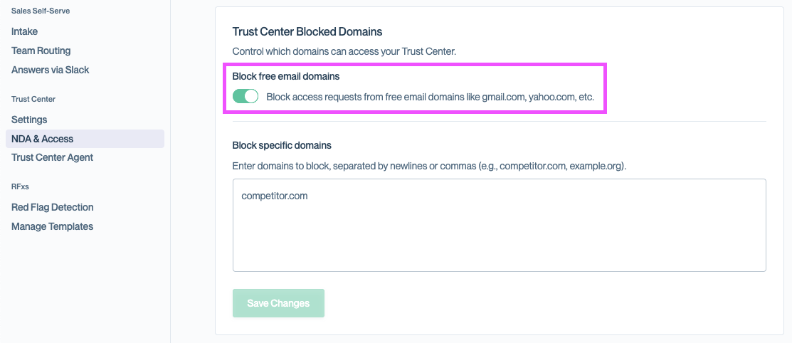 Trust Center Blocked Domains section with the Block free email domains toggle enabled.