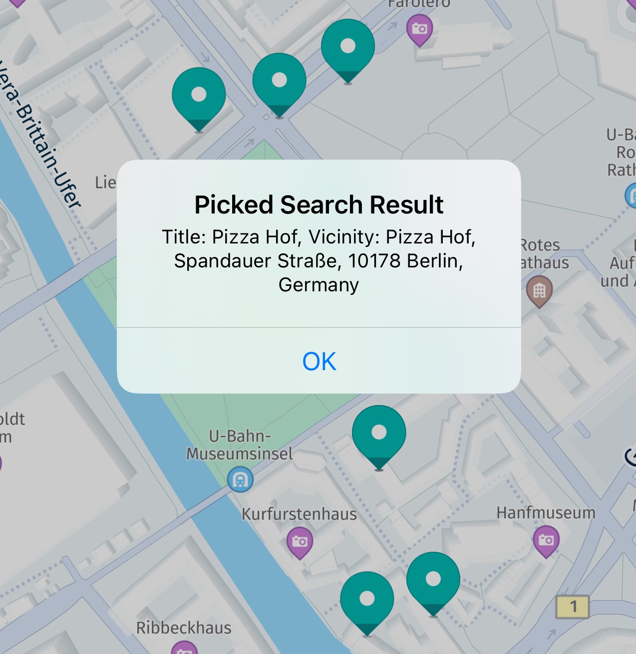 Screenshot: Showing a picked search result with title and vicinity.