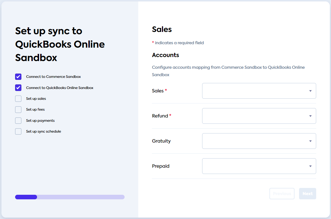 Sync UI Sales Accounts screen where you can select the accounts to use to map the commerce data.