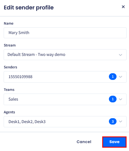 Screenshot of the Edit sender profile dialog box