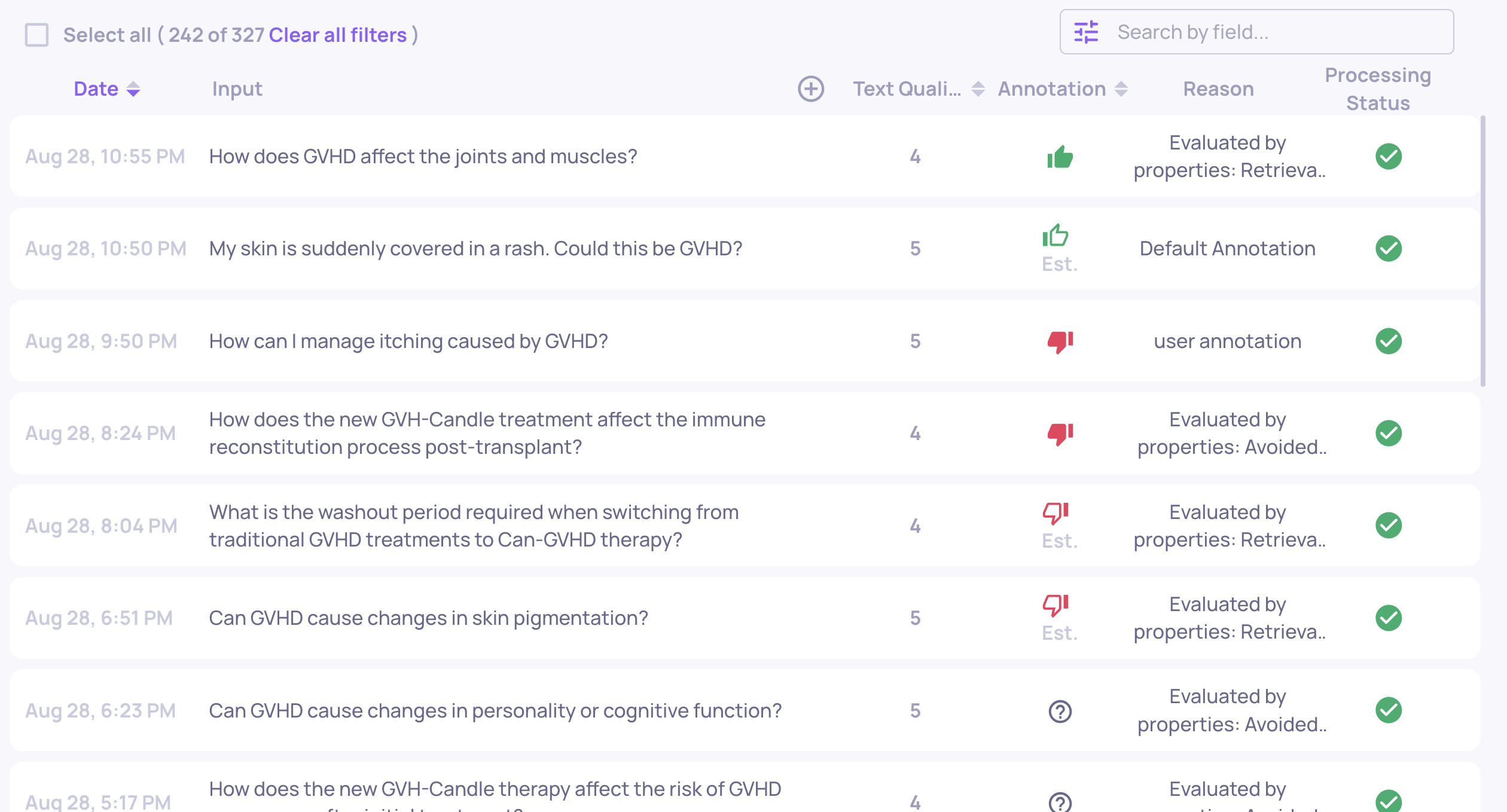 Interactions list with the processing status for each interaction
