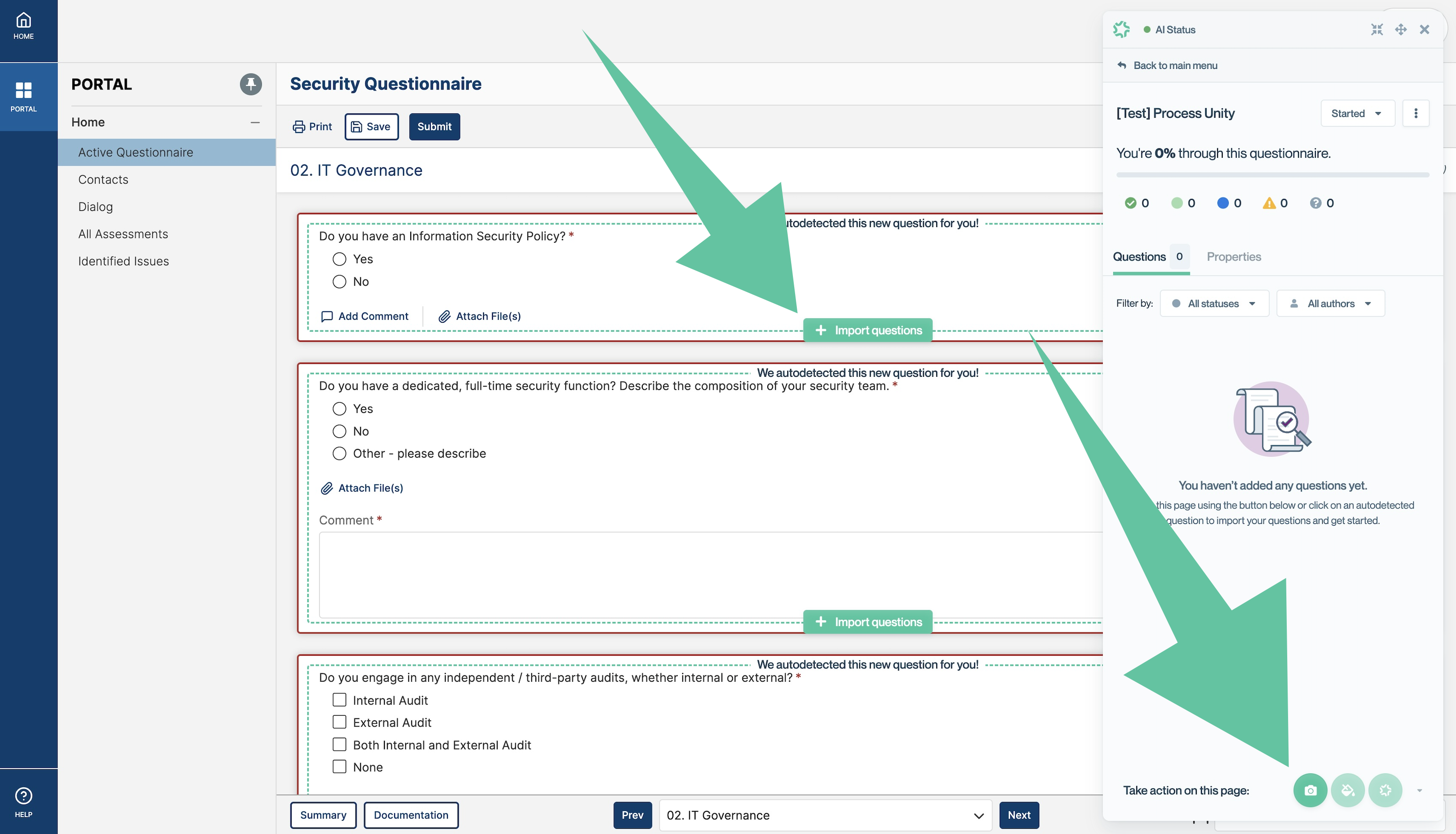 Importing questions via the "Import Questions" or "Scan for new questions" buttons.