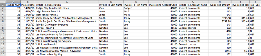 Figure 341. Excerpt of invoice line export viewed via excel