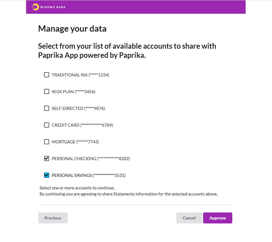 Select the checking and savings accounts and click "Approve."