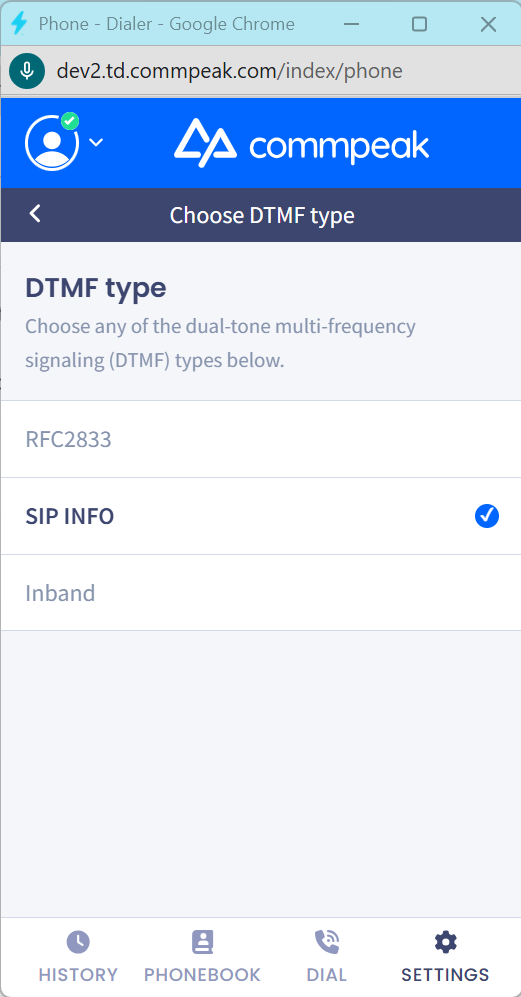 Screenshot of the **DTMF type** options