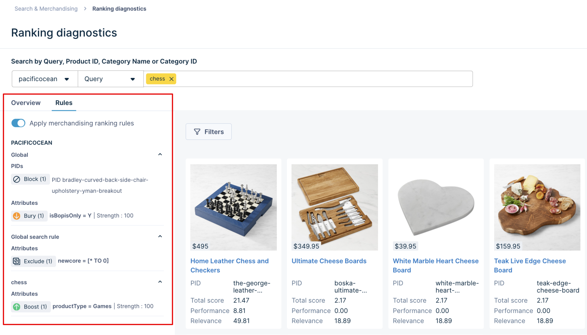 Image of the Ranking diagnostics page in the Bloomreach dashboard. It highlights the Rules tab in the report, and different ranking rules affecting the search.