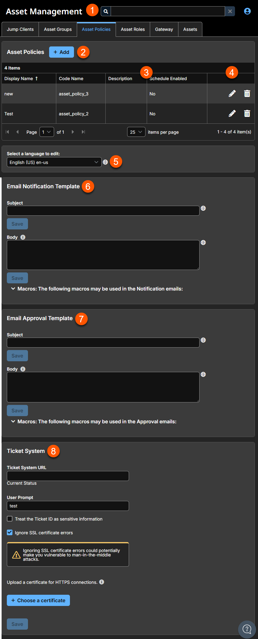 An image of the Asset Policies configuration page in a Privileged Remote Access system. It includes sections for managing Asset Policies, email notification templates, email approval templates, and ticket system settings