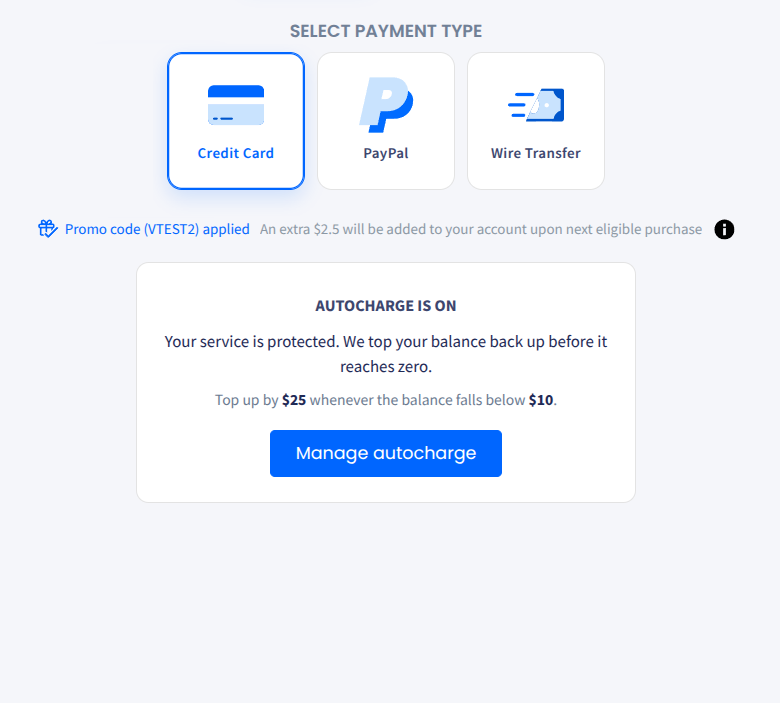 Screenshot of the AUTOCHARGE IS ON message in the Add Credit sidebar