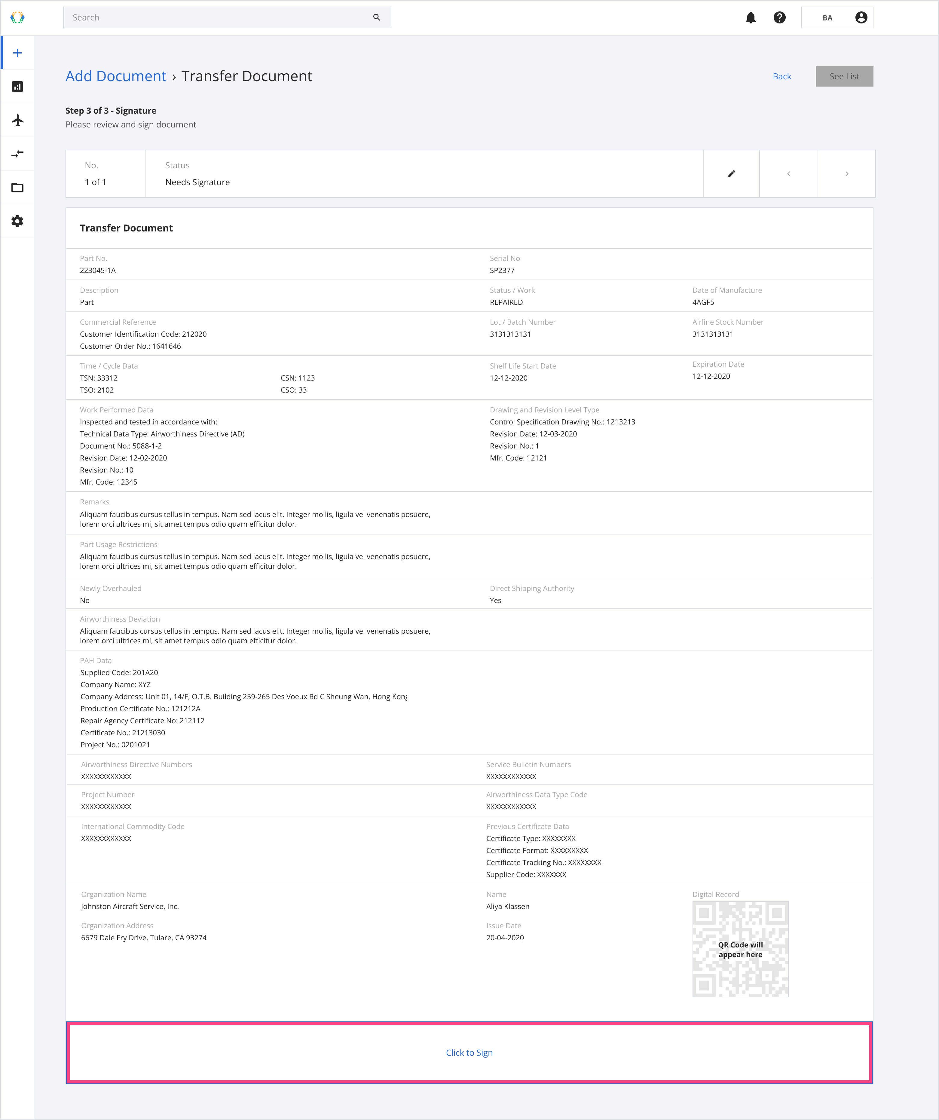 Transfer document example